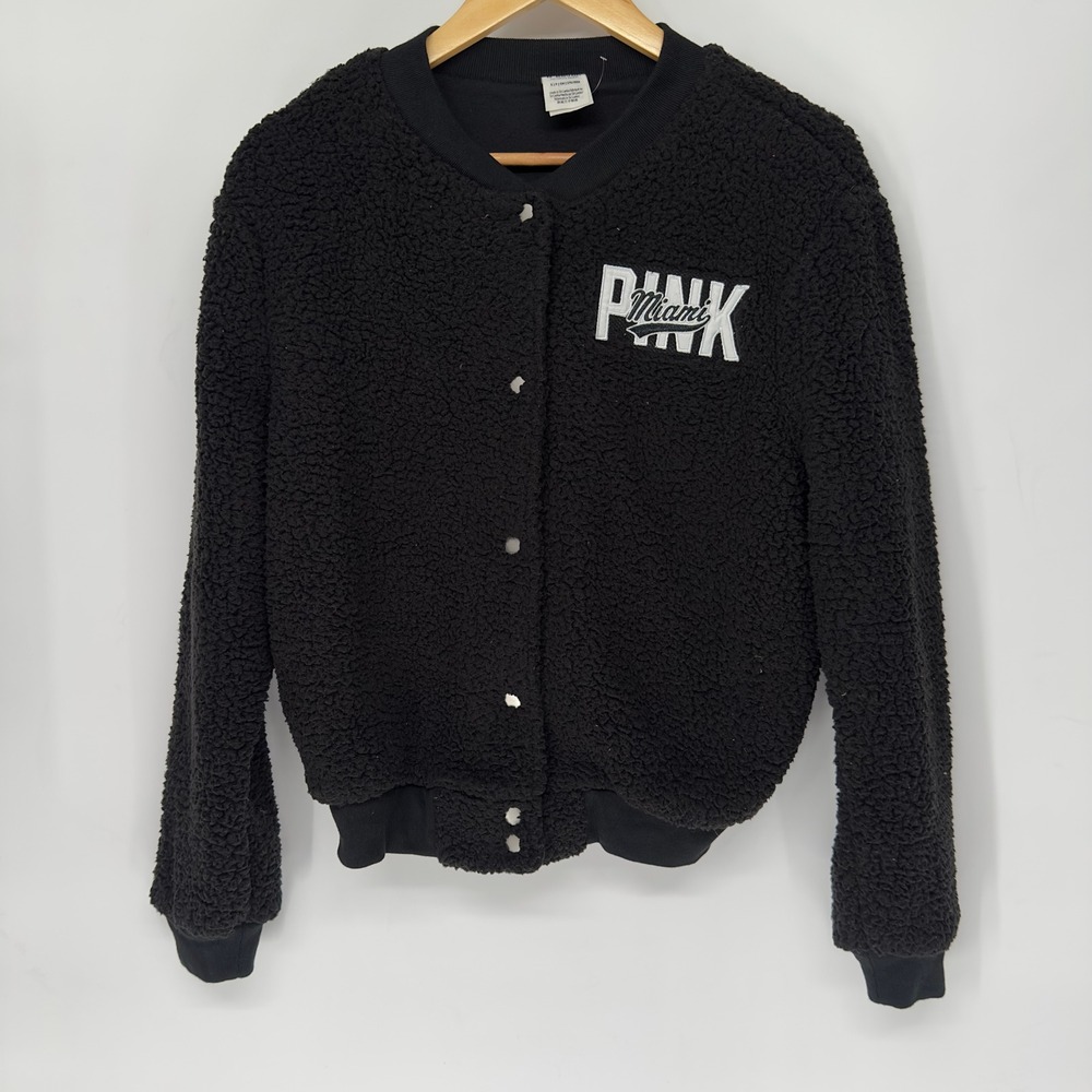 PINK‎ Victoria's Secret Miami Sherpa Jacket Black Button Front Womens
